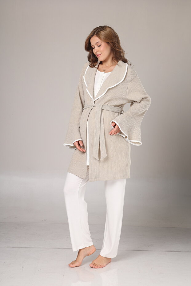 Women's Beige Jacquard Shawl Collar Lace Winter Special Design Maternity and Postpartum Robe Pajama Set