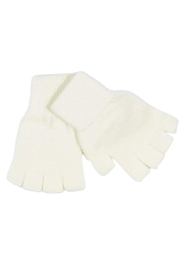 Unisex Children Ecru Color Fingerless Cut Half Finger Winter Knitted Knitwear Gloves 9 - 15 Years