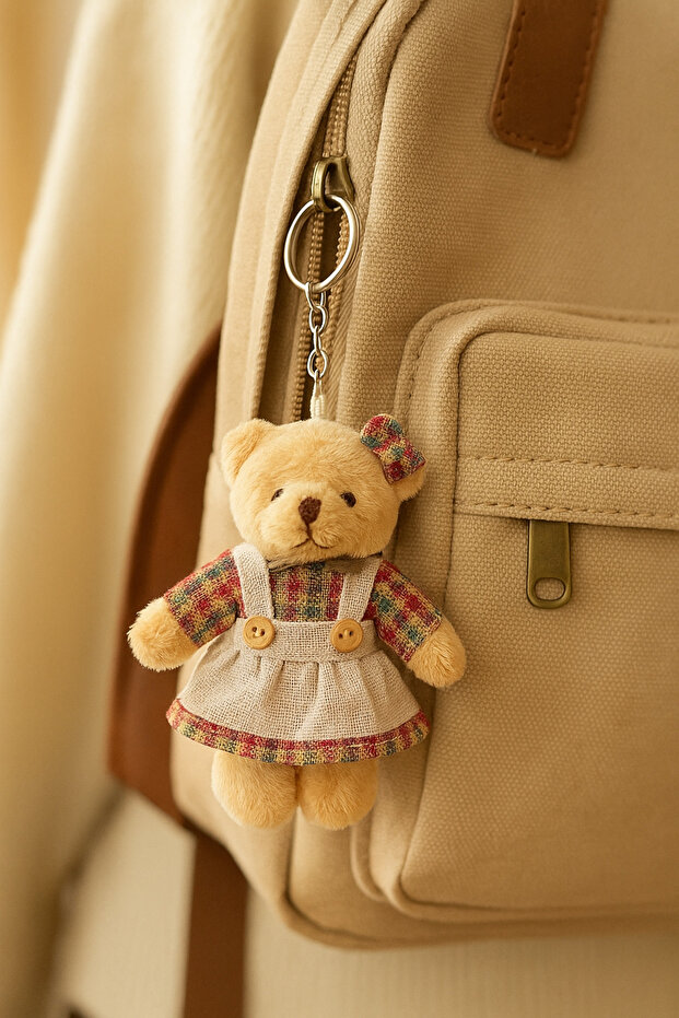 Cute Plush Teddy Bear Girl in Dress Model Red Gingham Keychain