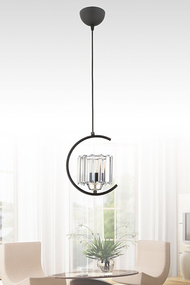 Eftal Tekli Siyah Sarkıt Avize Kristal Taşlı Modern Dekoratif Aydınlatma - 2