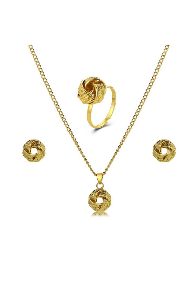 Elegant Gold Colour Knot Jewelry Set Necklace, Earrings & Ring
