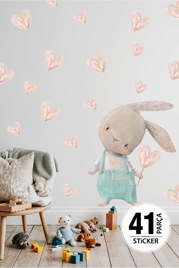 Cute Rabbit Sticker, Baby Rabbit and Hearts Sticker, Children's Room Wall Sticker Set