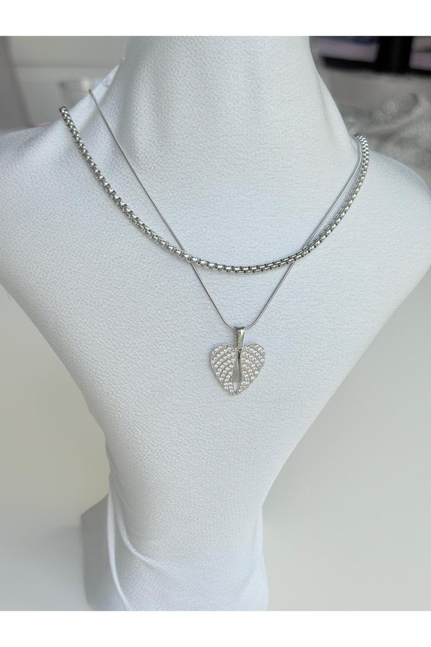 Steel Zircon Stone Opened Angel Heart Detailed Double Chain Women's Necklace | Stylish Design Gift Necklace.