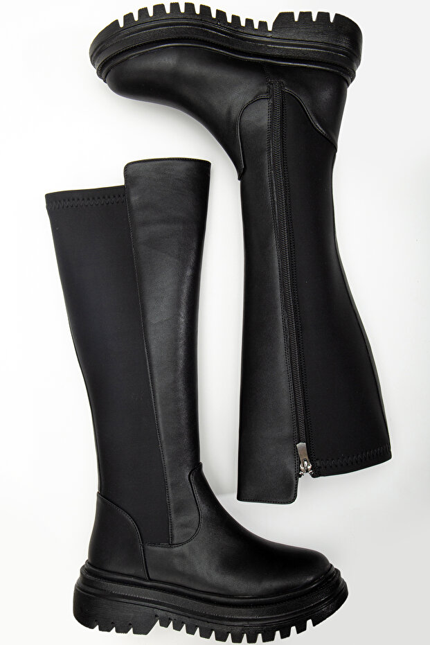 Női fekete bőrcsizma, cipzáras, térd alatti, alkalmi csizma, sztreccs részletekkel - 1