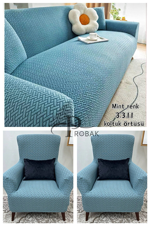 - Tuğla Desen Koltuk Örtüsü Lastikli Kayma Yapmayan 3311 takım Çekyat Kanepe Kılıfı 1 Adet - 1