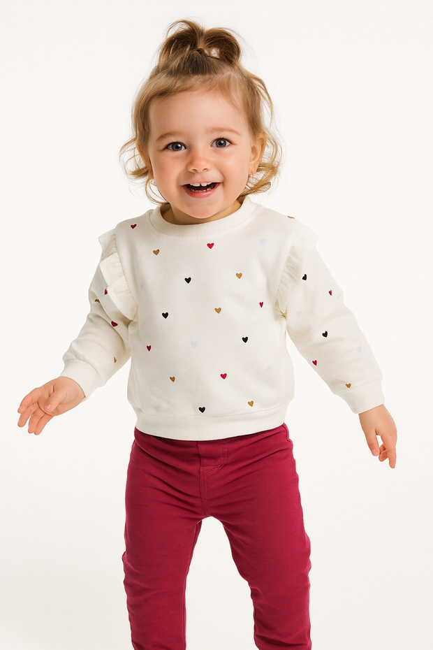 Baby Girl 100% Cotton Ecru Sweatshirt with Ruffles - Baby Girl Clothing