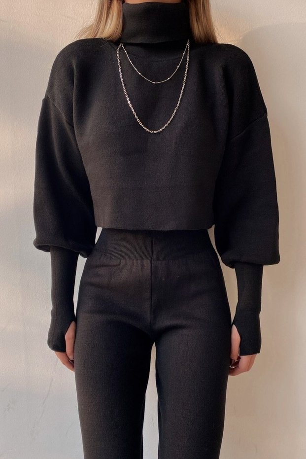 Handmade Black Knitwear Crop Blouse and High Waist Black Knitwear Trousers Double Set 015