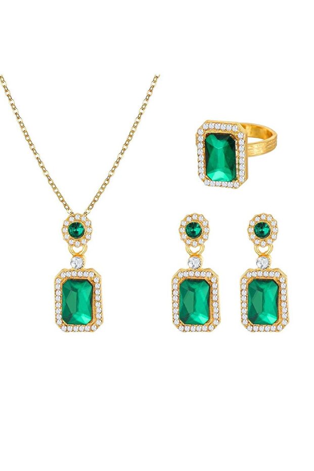 Elegant Green Crystal Jewelry Set Necklace, Earrings & Ring