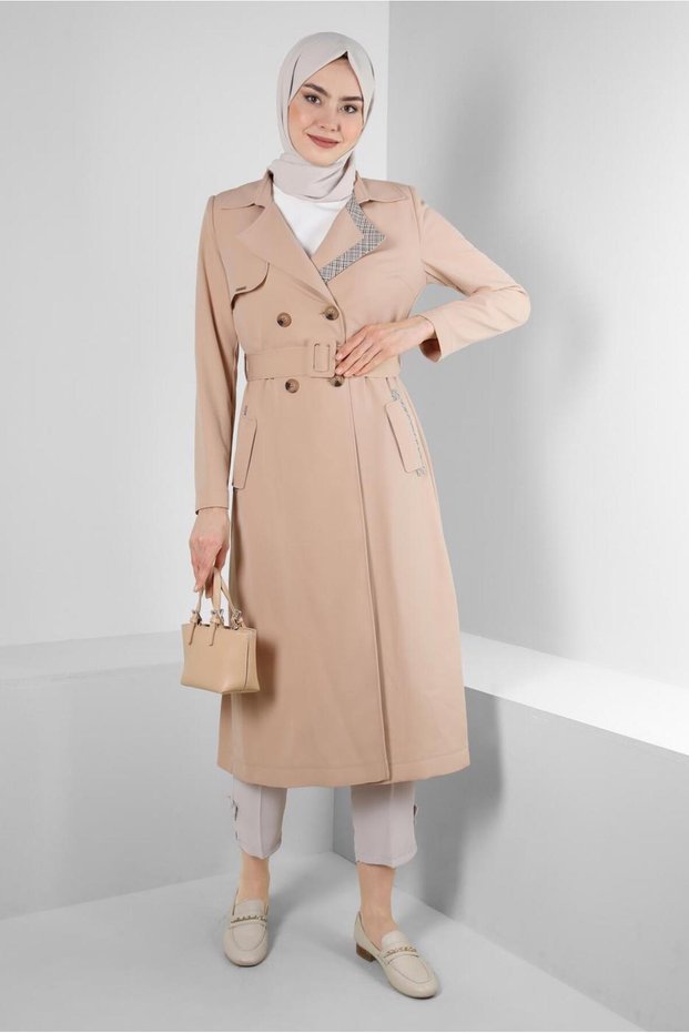 PLAID DETAILED BELTED TRENCH COAT 10715