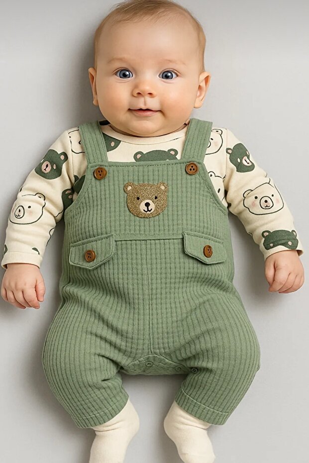 Baby Boy Set Teddy Bear Patterned Embroidery Embroidered Jumpsuit-Body-Socks Set of 3 100% Cotton