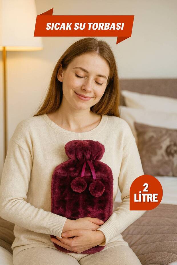 2 Liter Fuchsia Soft Plush Hot Water Bag with Pompom - 1