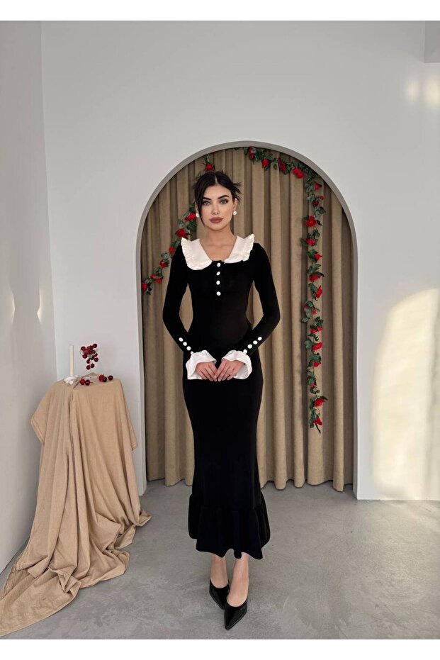 Arlena Retro Fırfır Detay Uzun Triko Elbise - 2