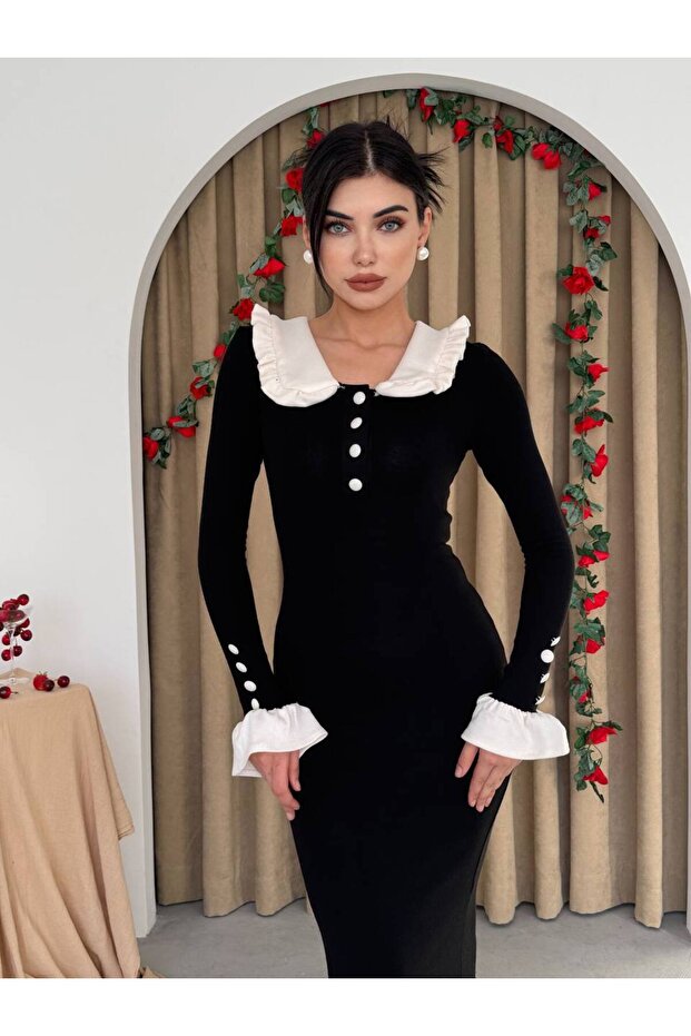 Arlena Retro Fırfır Detay Uzun Triko Elbise - 4