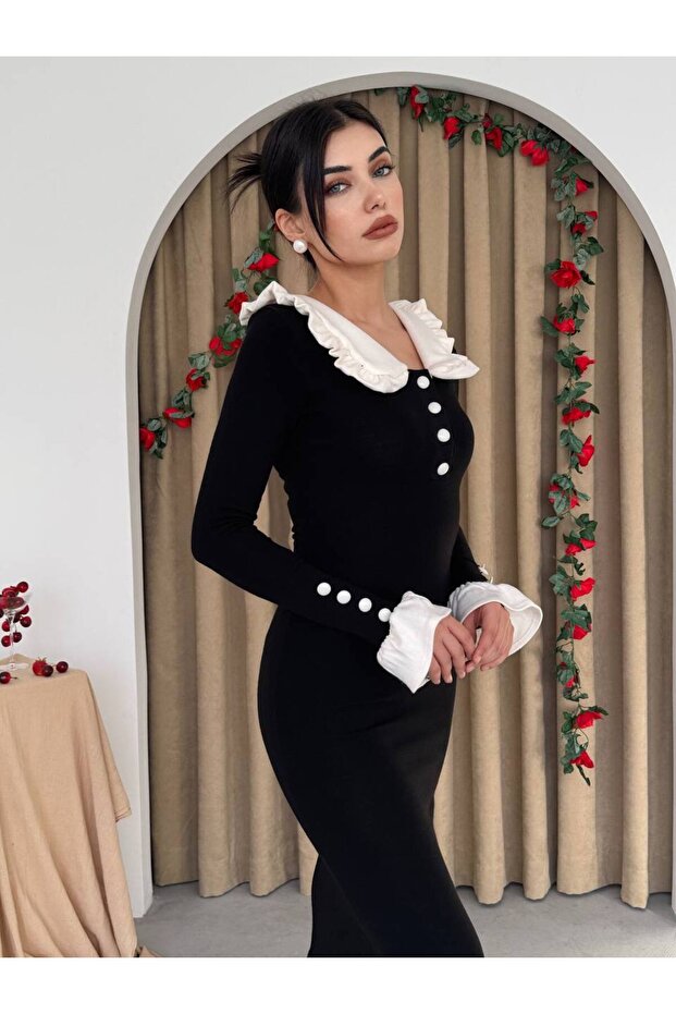Arlena Retro Fırfır Detay Uzun Triko Elbise - 5