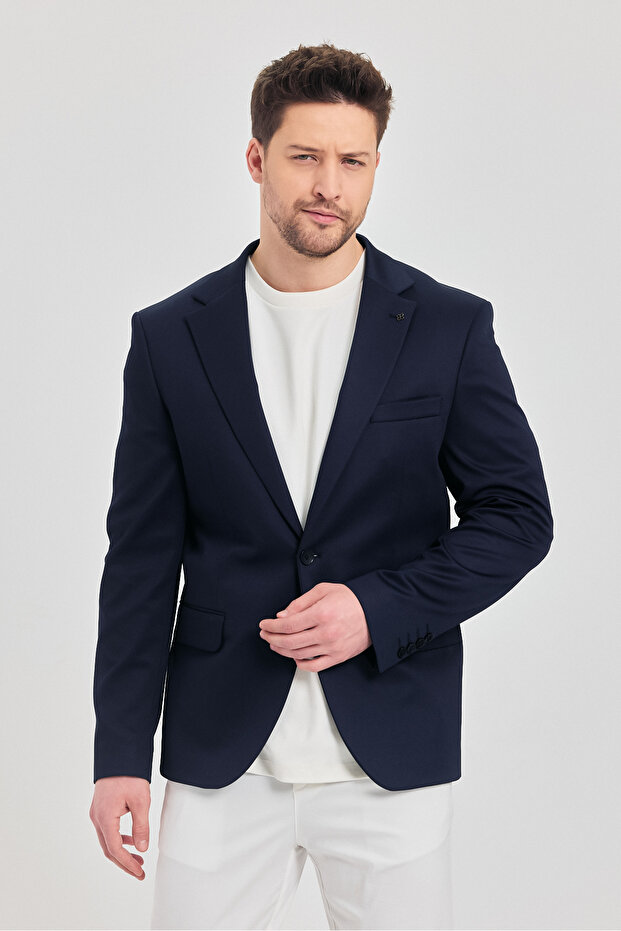 Ferico Men's Dark Navy Polyviscon Fabric Slim Fit Blazer Jacket
