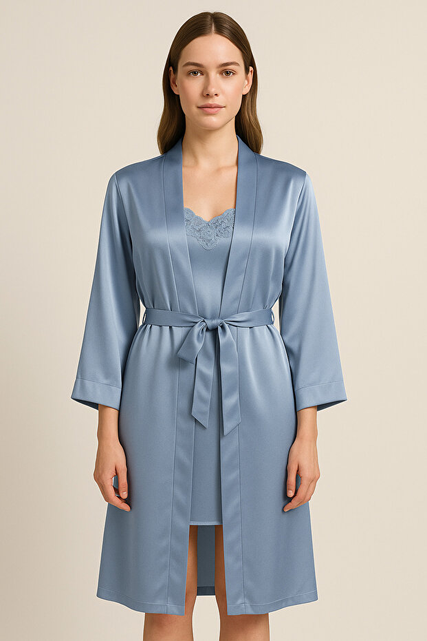 Women's Ice Blue Satin Lace Nightgown Robe Set – Strapless, Mini Nightgown & Belted Robe