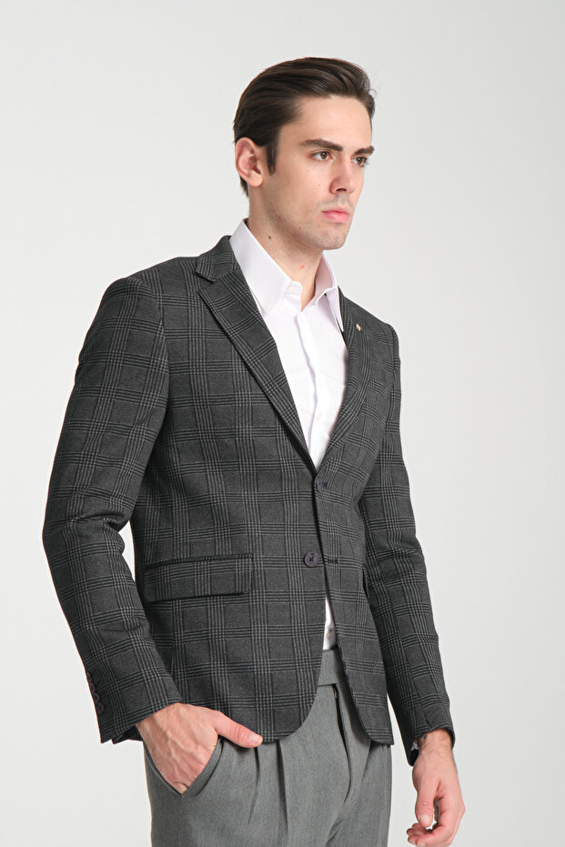 Ribas Men's Navy Blue Lycra Cotton Blended Plaid Patterned Slim Fit Sports Blazer Jacket