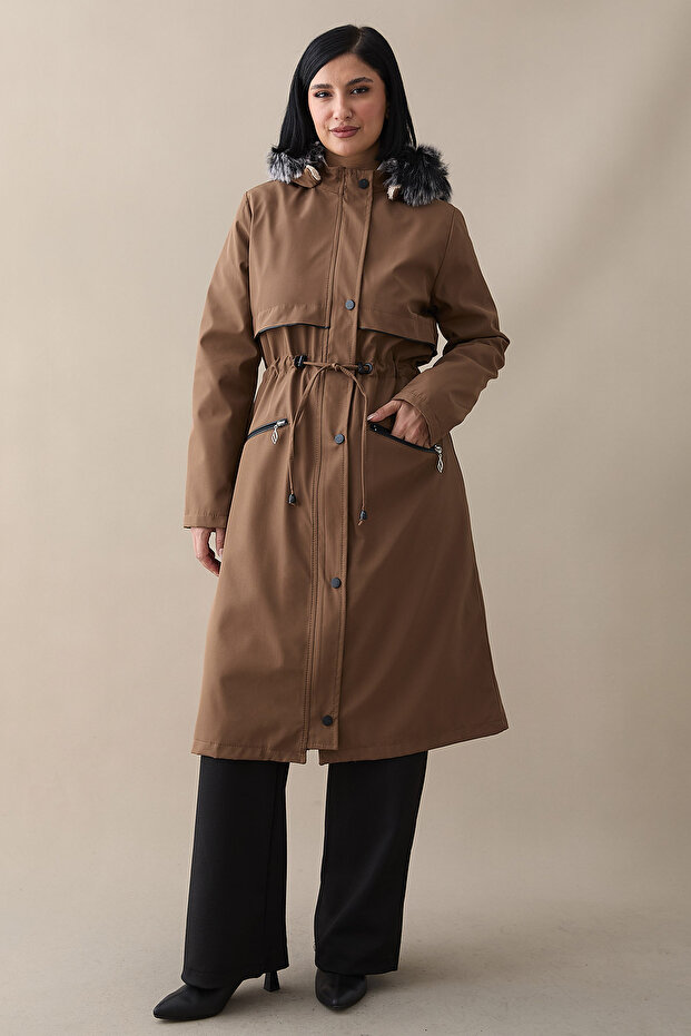 Leather Detailed Coat with Zipper Pocket and Fur Inside - Tan