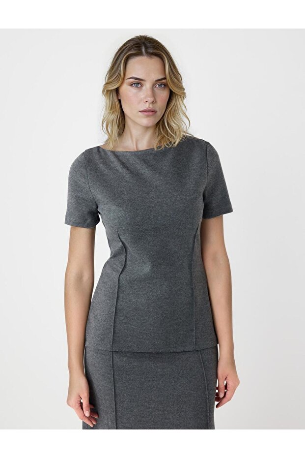 Anthracite Melange Short Sleeve Boat Neck Knitted Blouse