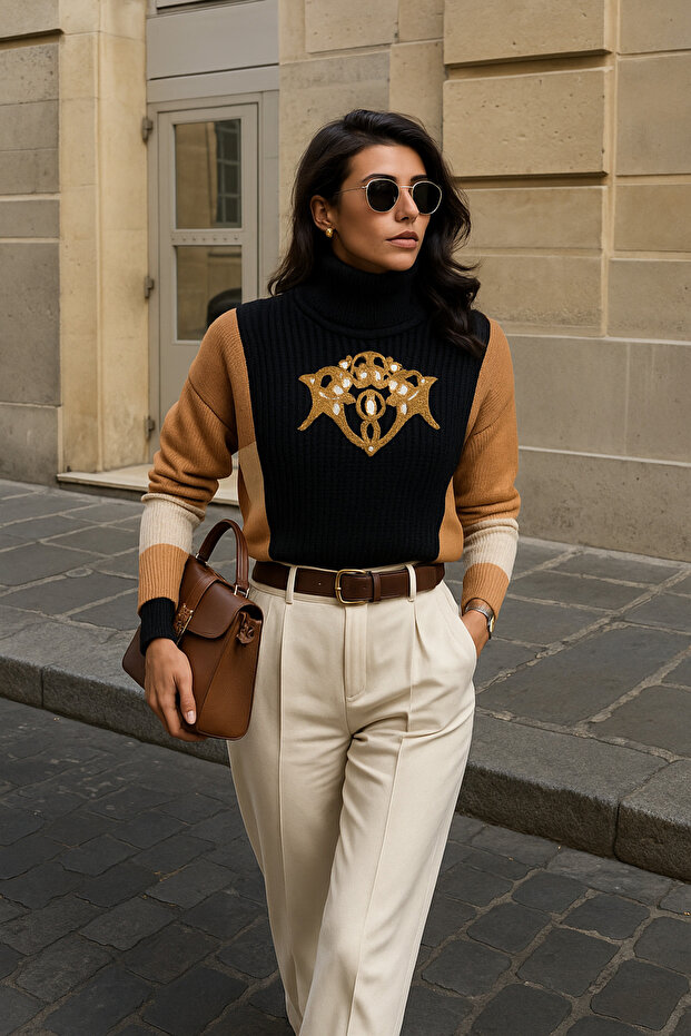 3-Color Knitwear Sweater with Orange Embroidery on Leather