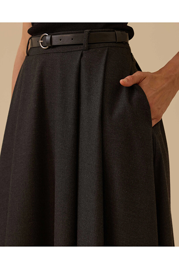 Kemerli Midi Kloş Etek - 5