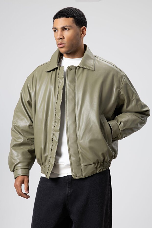 Basıc Suni Deri Oversize Ceket Haki - 3