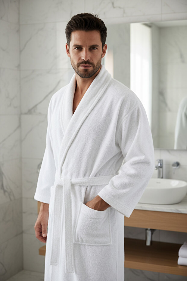 Hotel Bathrobe 100% Cotton Premium Quality Soft-Textured Highly Absorbent Women's Men's White M-L Size