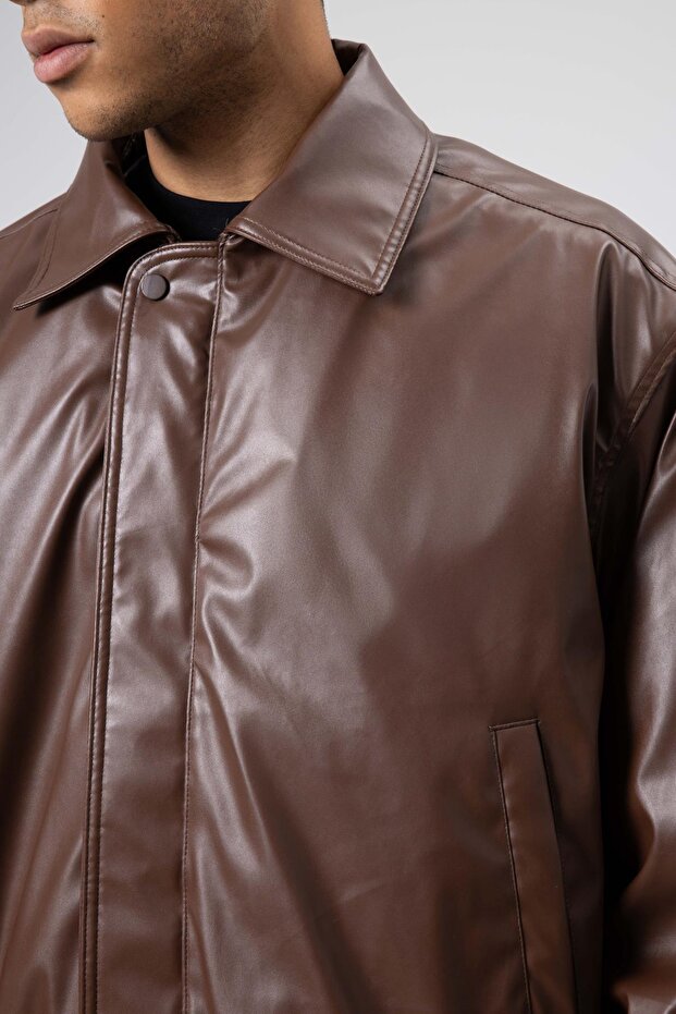 Basıc Suni Deri Oversize Ceket Kahve - 4