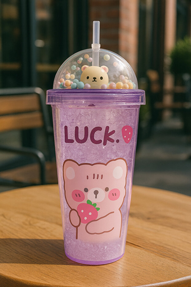 Cute Teddy Bear Themed Double Layer Mica Party Supplies Water Bottle with Straw Soft Drink Bottle 450 ml