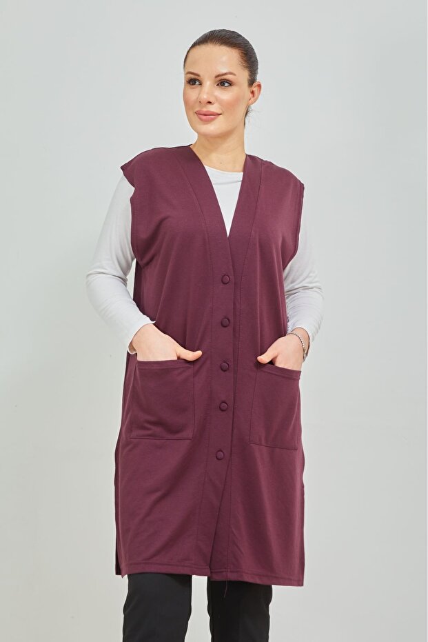 Women's Plum Long Pocketed Buttoned Combed Cotton Mother Large Size Tunic Vest