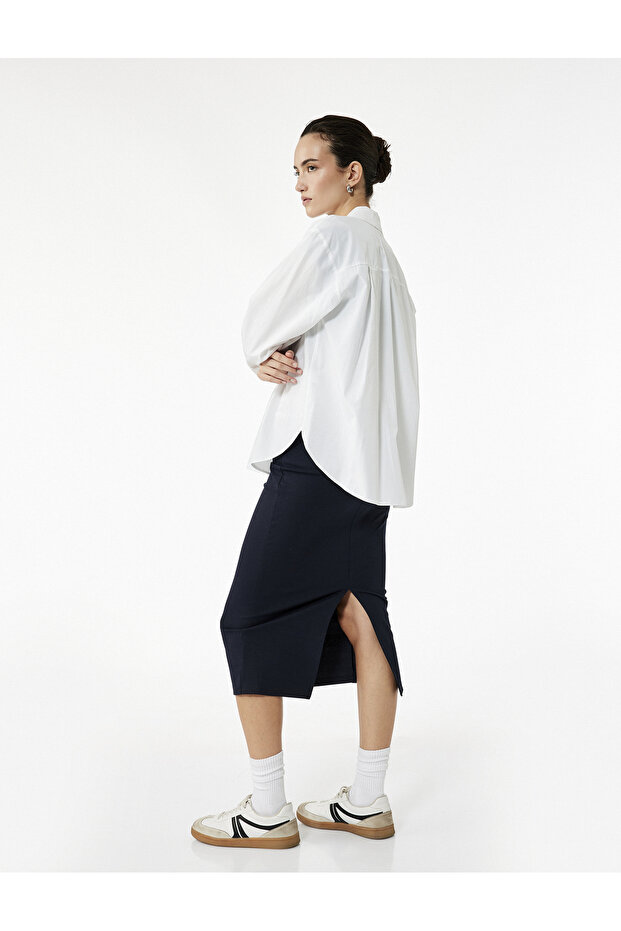 Midi Slim Fit Pencil Skirt with Striped Elastic Detail at the Waist