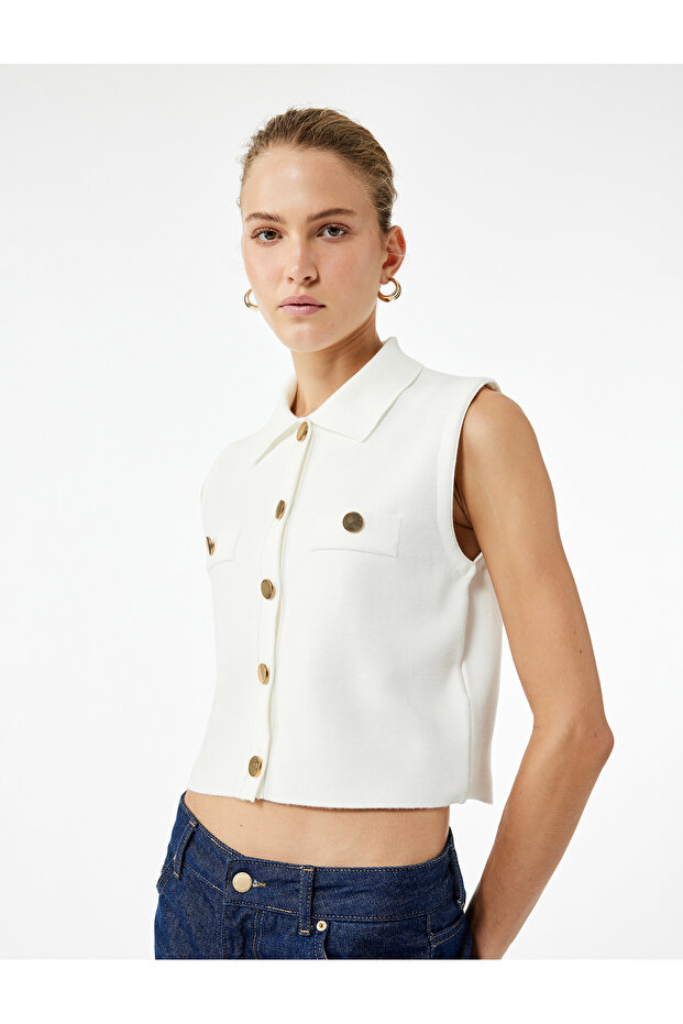 Sleeveless Applique Detailed Jacket Collar Knitwear Vest