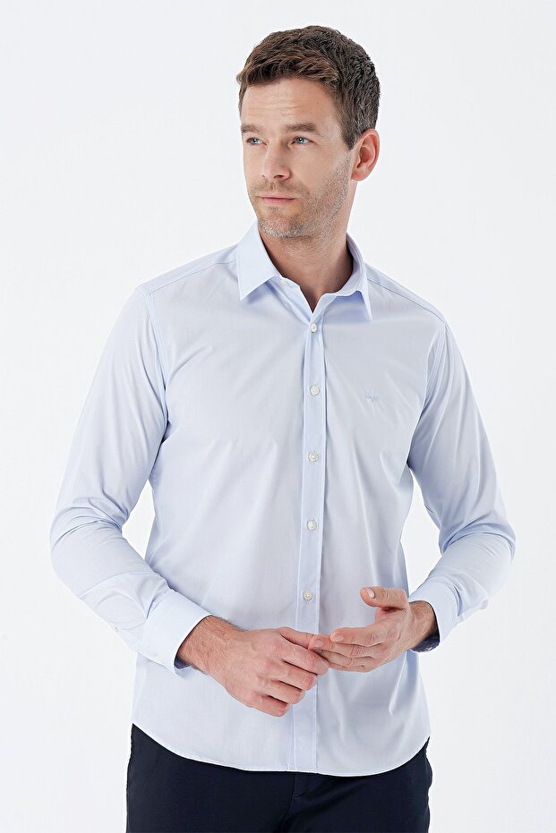 Men's Dark Blue Long Sleeve Hard Collar Cotton Slim Fit Shirt 1004235357