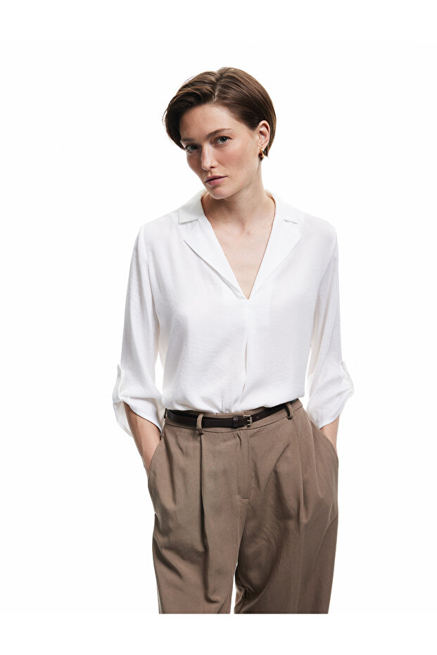 Jacket Collar Fold Detail 3/4 Sleeve Satin Blouse