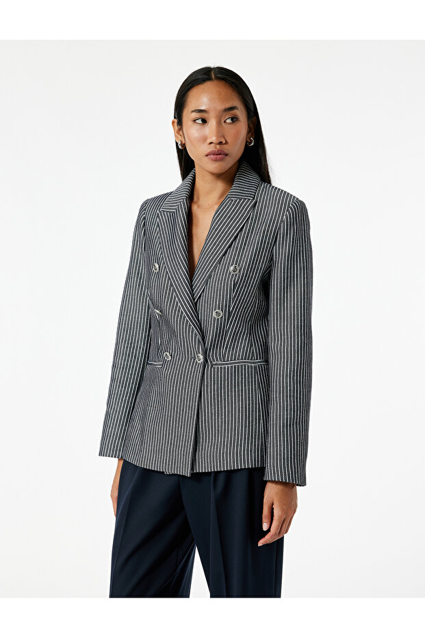 Slim Fit Pocketed Long Sleeve Double Breasted Blazer Jacket
