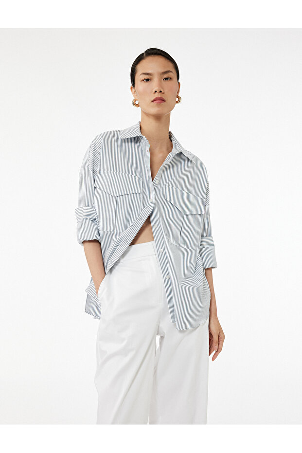 Regular Fit Cotton Long Sleeve Classic Collar Double Pocket Detailed Shirt