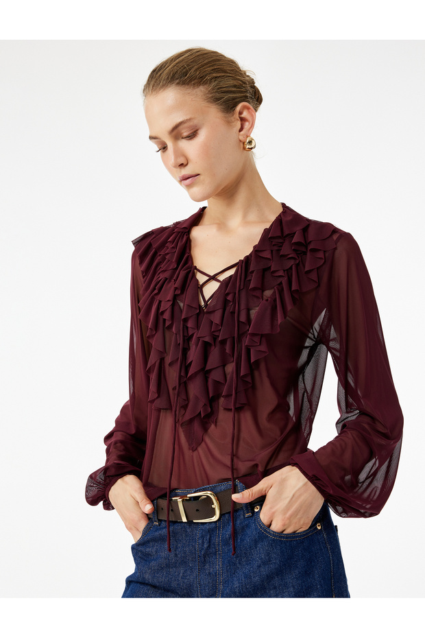 Layered Ruffle Tulle Lace-Up V-Neck Long Sleeve Tulle Blouse
