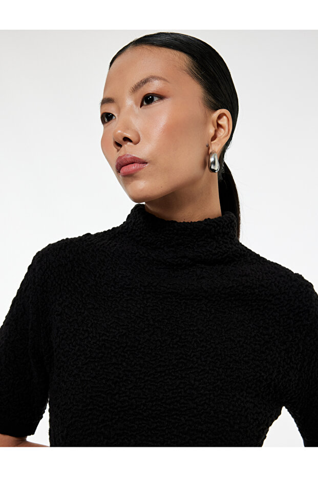 Regular Fit Short Sleeve Stand Collar Textured Knit Sweater