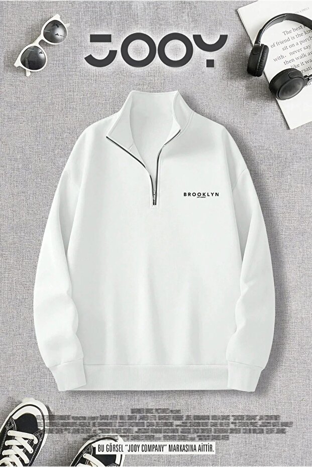 Half Zipper Brooklyn Printed White Sweatshirt