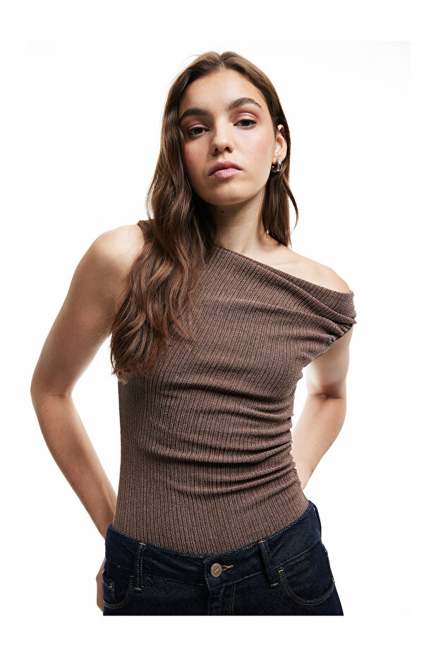 Draped Asymmetric Neckline Wrap Sleeveless Blouse