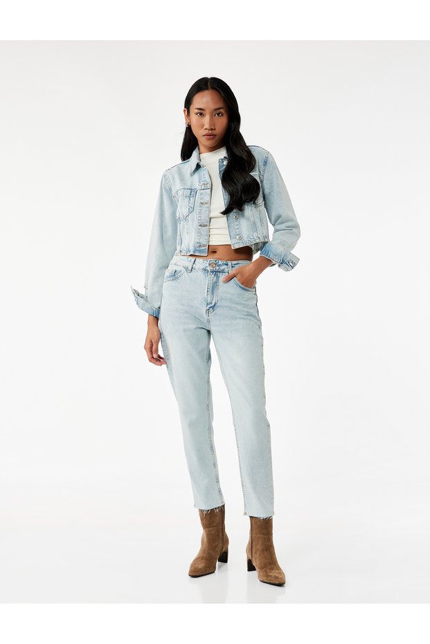 Cotton Slim Fit High Waist Mom Jean Trousers - Mom Slim Jean