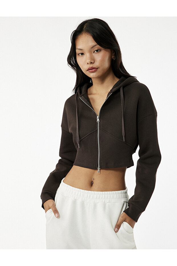 Raised Hooded Corset Detailed Zippered Crop Sweatshirt