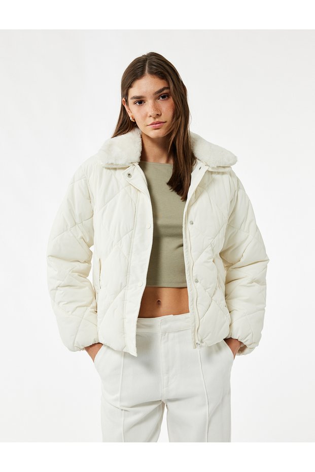 Faux Fur Collar Long Sleeve Zipper Pocket Quilted Jacket