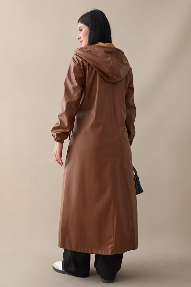 Kapüşonlu Uzun Deri Kap - Taba - 4