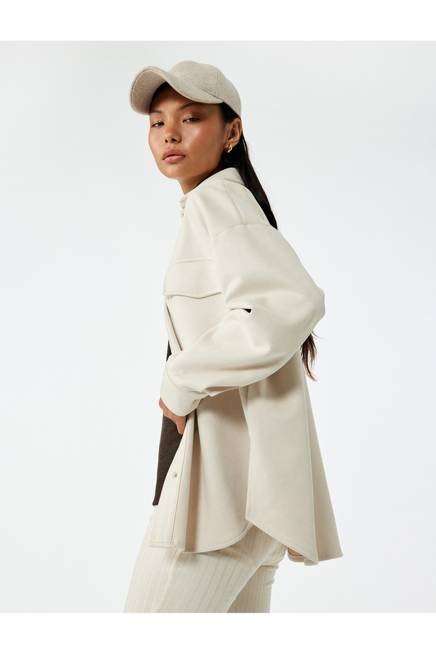 Classic Collar Pocket Detailed Oversize Buttoned Suede Look Shirt Jacket
