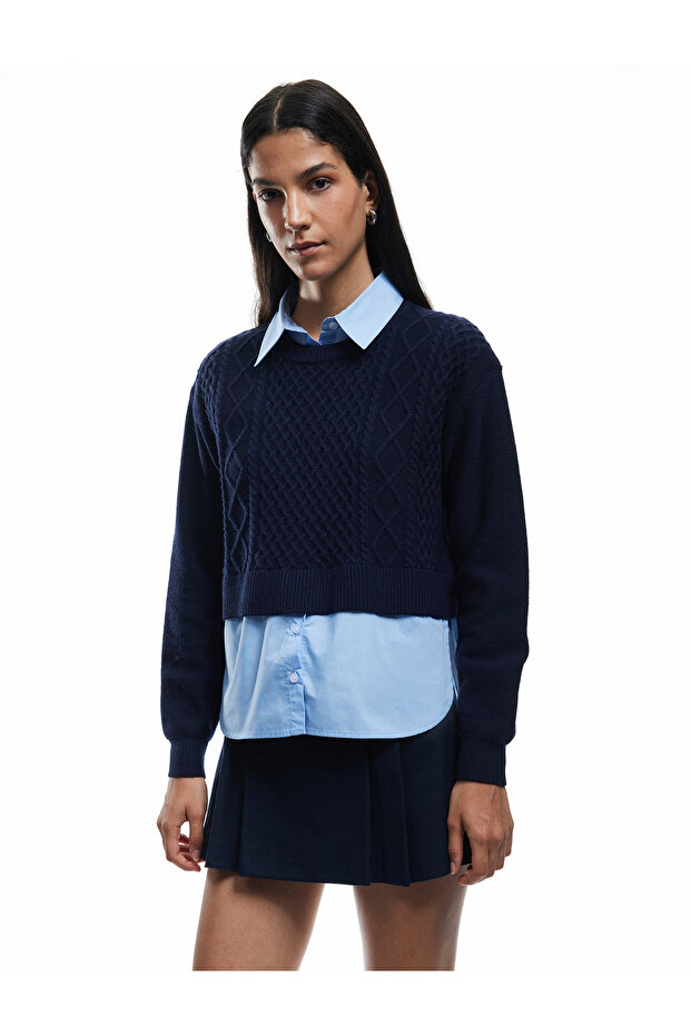 Long Sleeve Shirt Collar Hair Knitting Textured Viscose Blended Sweater