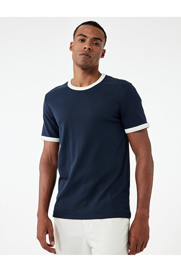 Short Sleeve Crew Neck Tok Fabric Color Contrast Cotton Slim Fit T-Shirt