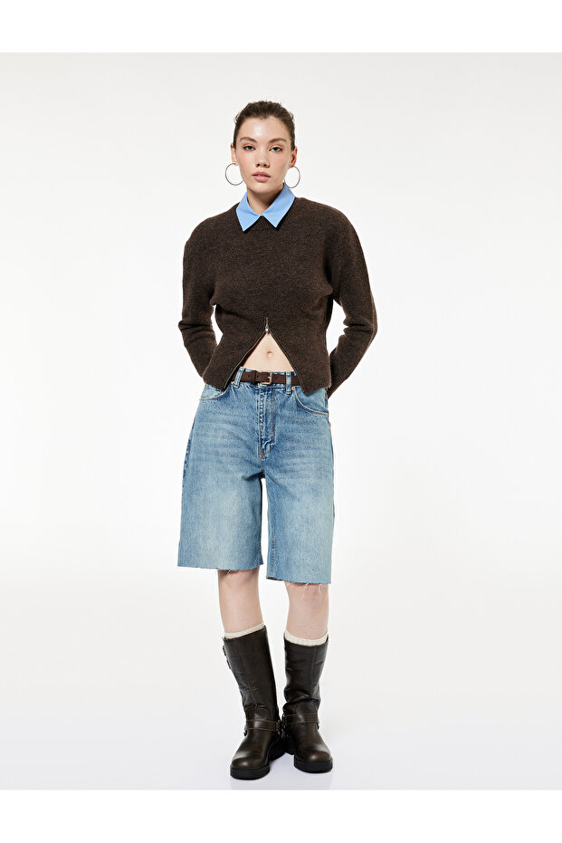 Long Sleeve Crew Neck Zipper Detailed Knitwear Sweater