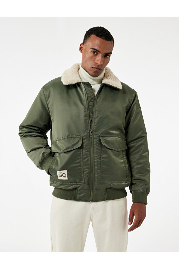 Long Sleeve Pocket Detail Label Detailed Plush Collar Winter Coat