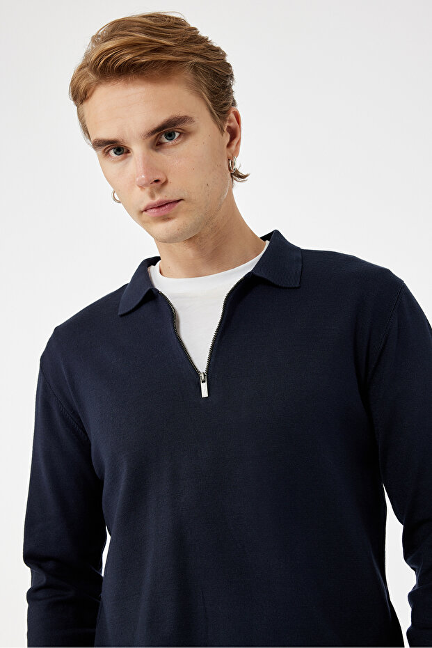 Long Sleeve Basic Viscose Half Zip Sweater - 1